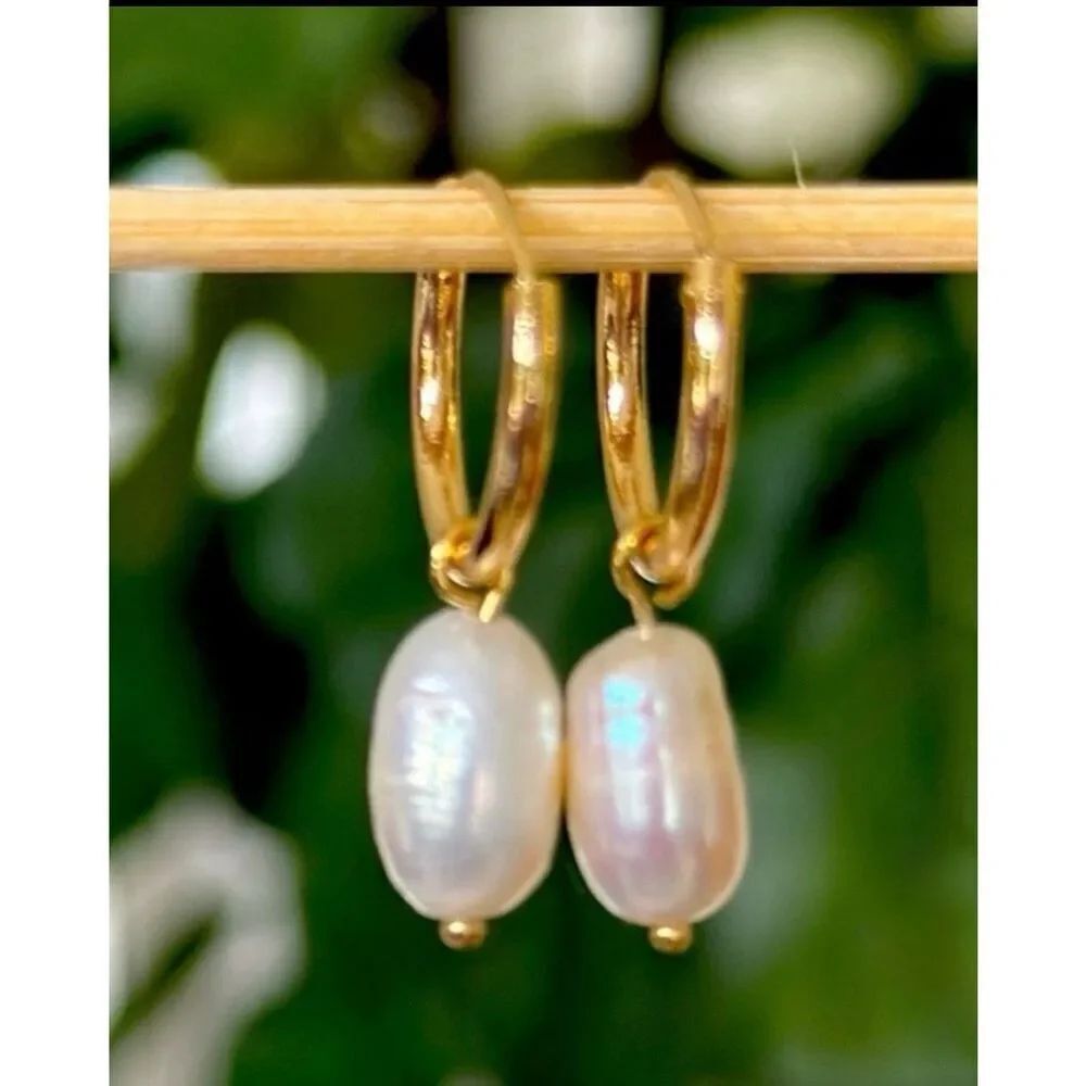 Camille Cultured Baroque Pearl Drop Earrings Gold Plated Hoops